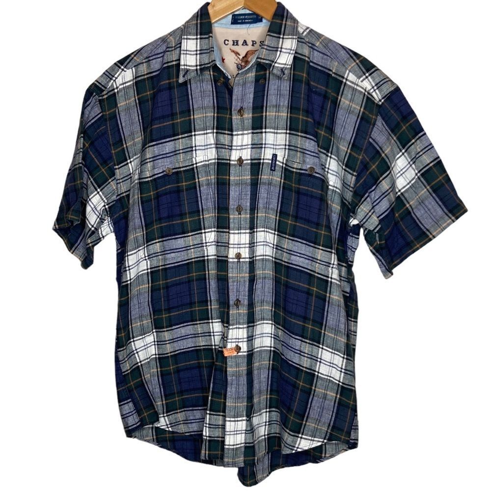 Chaps Ralph Lauren short sleeve plaid button linen cotton blend medium m…